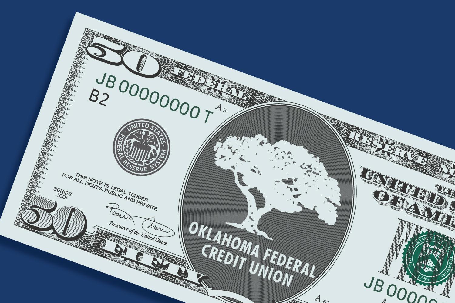 A cartoon fifty dollar bill with the OKFCU logo in the middle.