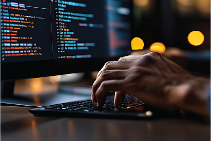closeup of computer engineers' hands working on keyboard as he writes programing code