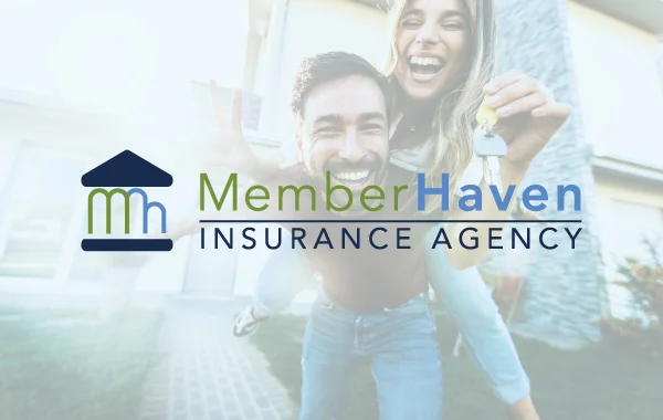 member haven insurance agency logo on top of photo of couple and just purchased new home