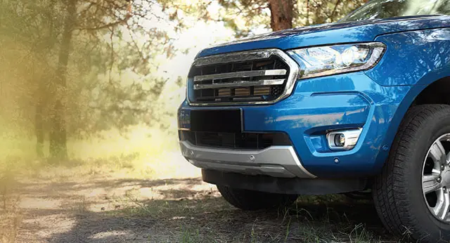Nice tree background with a blue truck in the frame